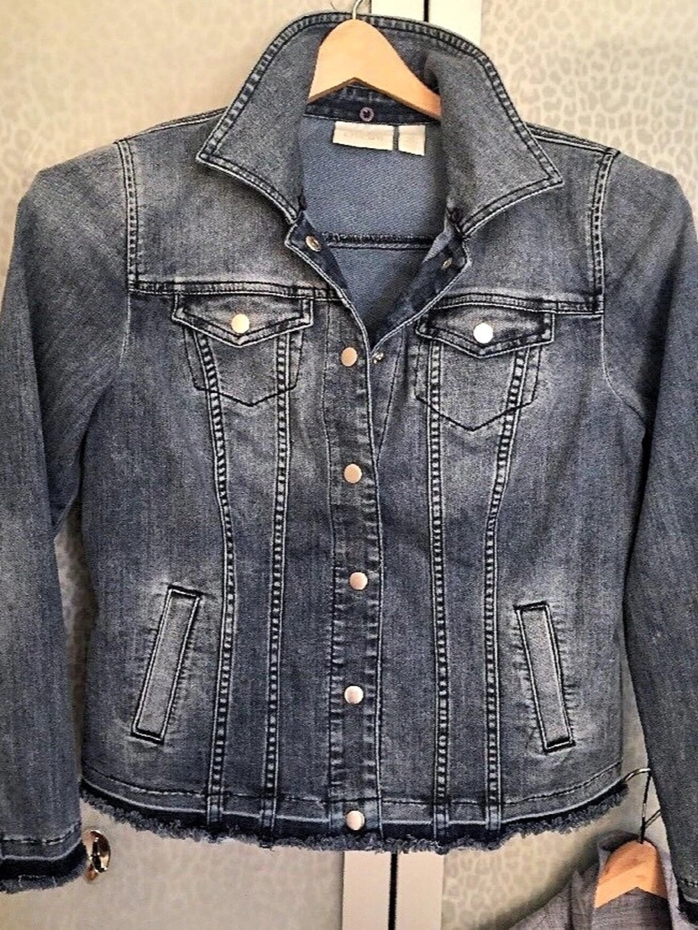 Chico's Navy Denim Frayed Hem Cropped Jacket Size Medium
